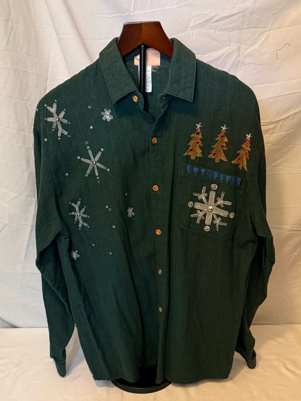 Vintage Mayo Piñon Women’s Dark Green Hand Painted Holiday Button-Down (JJ8)